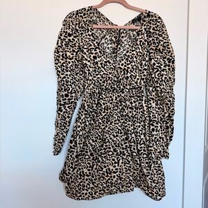 ASOS US Size 4 Leopard Printed Long Sleeve Mini Dress Deep Neckline Grunge Punk
